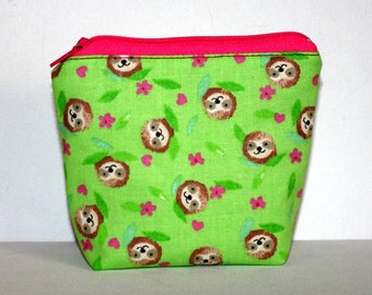 Zippered Pouch with Flat Bottom in Cute Sloth Fabric