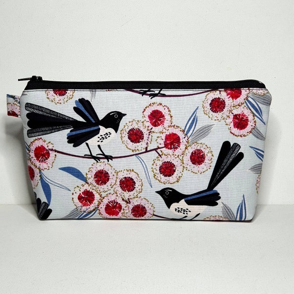 LARGE Pouch in Australian Willy Wagtail and Wildflower fabric