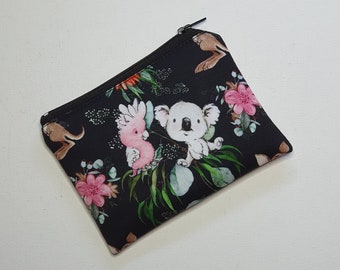 Small Zippered Pouch in Gorgeous Koala and Pink Cockatoo Fabric