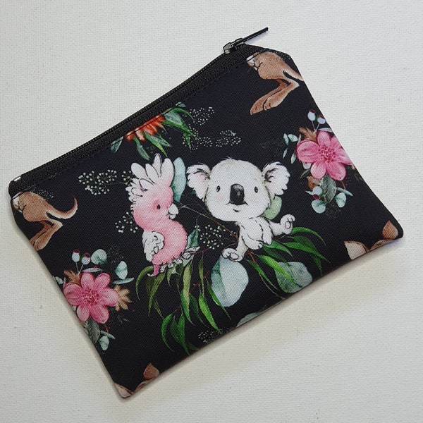 Small Zippered Pouch in Gorgeous Koala and Pink Cockatoo Fabric