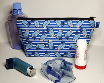 EXTRA LARGE Pouch in Blue Striped Asthma Puffer Inhaler Fabric - MINI Scale Print