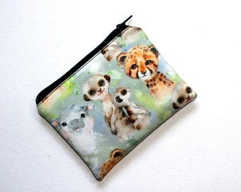Small Coin Purse in Baby Meerkat, Hippo and Cheetah Fabric