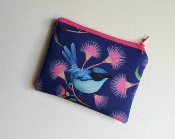 Small Zippered Pouch in Blue Wren Fabric