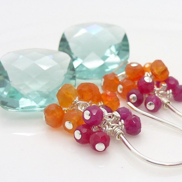 Aqua and carnelian earrings, pink and orange cluster earrings, sterling silver earrings