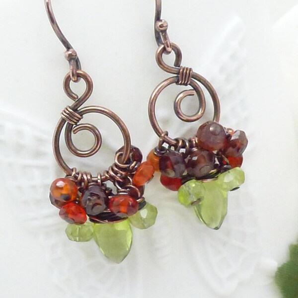 Brown, orange green earrings, copper spiral earrings, autumn garnet, peridot and mexican fire opal wire wrapped copper jewelry