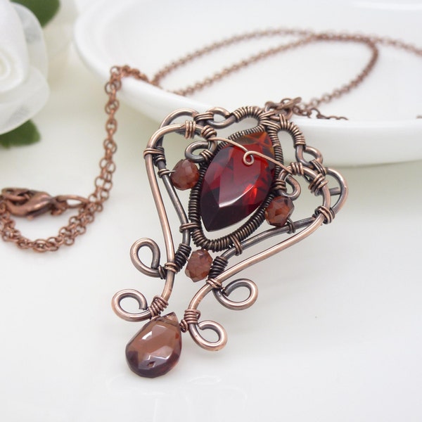 Dark red garnet necklace, gothic red quartz and copper necklace, copper wire wrapped jewelry handmade in New Zealand