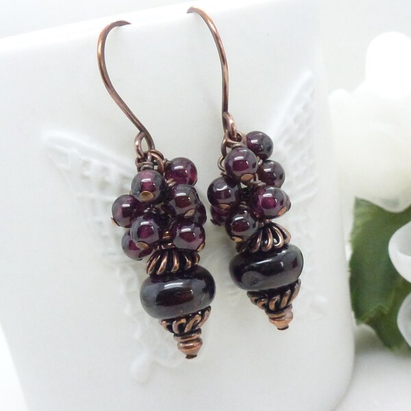 Copper earrings, Dark burgundy wine red garnet earrings, garnet cluster earrings, copper jewelry, garnet jewelry