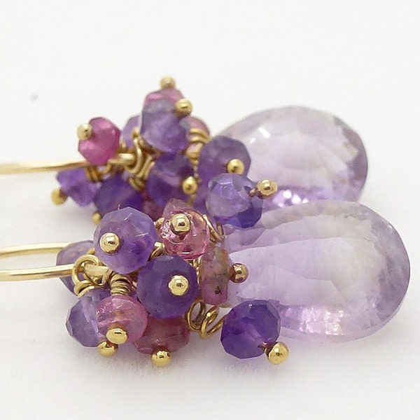 Gold and pink amethyst earrings, light purple amethyst with pink tourmaline clusters, gold and purple jewelry