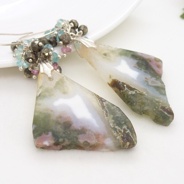 Ocean jasper earrings, pink and sage green earrings, big green dangle earrings, gemstone slice earrings