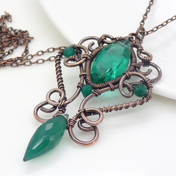 Copper necklace - Emerald green necklace, Dark green onyx gothic necklace, Copper wire wrapped jewelry, Handmade emerald green jewelry
