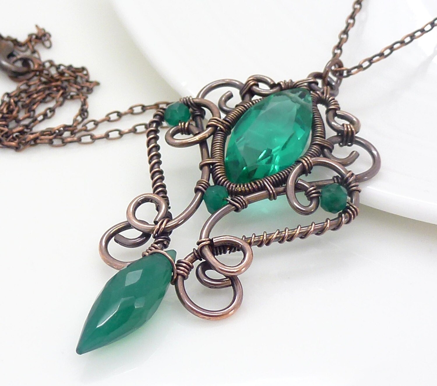 Copper necklace Emerald green necklace Dark green onyx Etsy