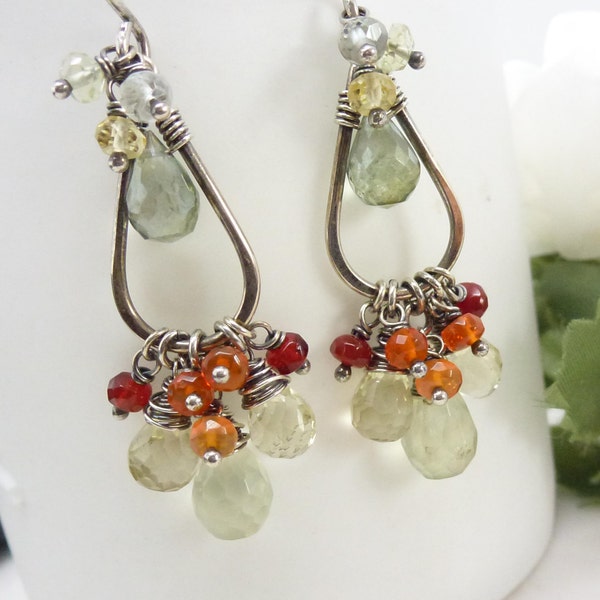 Green amethyst earrings, yellow orange and green gemstone dangle earrings, oxidized sterling silver jewelry