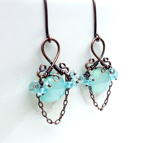 Aqua earrings, copper earrings, chalcedony earrings, wire wrapped copper jewelry