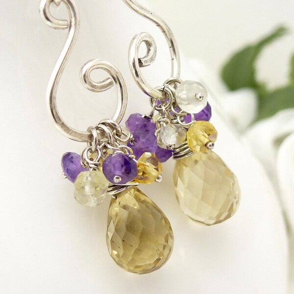 Amethyst and citrine earrings, Sterling silver gemstone, Yellow and purple cluster earrings