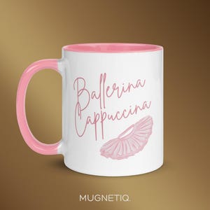 Ballerina Cappuccina Meme Mug – Funny Italian Brain Rot TikTok Mug, White Ceramic Coffee Cup with Pink Borders, Humor Gift for Friends