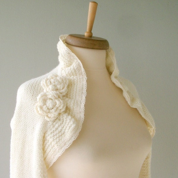 IVORY PURE SOFT ELEGANT ORGANIC CASHMERE COTTON BRIDAL SHRUG BOLERO - LONG SLEEVES - USE 4 SEASON