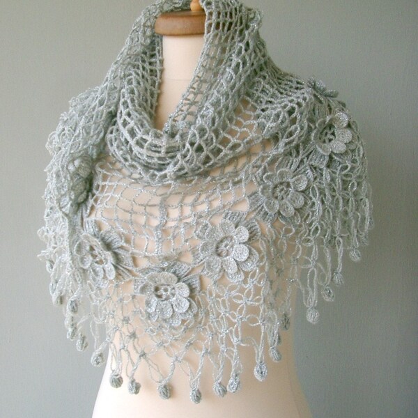 Silver grey cotton flower garden shawl