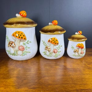 Vintage Sears Merry Mushroom Canisters Set of 3 - Retro Kitchen 70s Decor