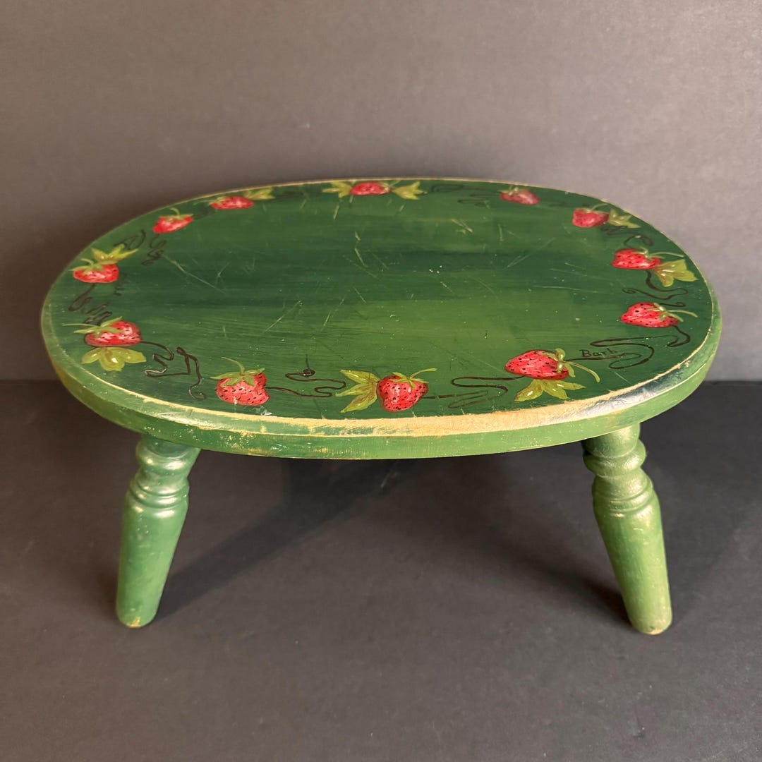 Vintage Oval Wood Folk Art Stool With Hand Painted Strawberries ...