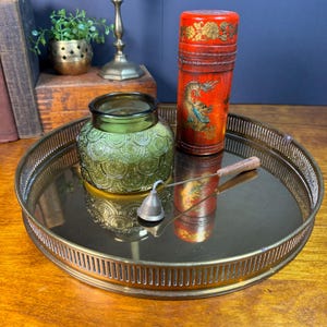 Vintage PM Italy Brass Tray - 14" Pierced Gallery Edge - Mid Century Hollywood Regency Art Deco Vanity or Bar Catchall