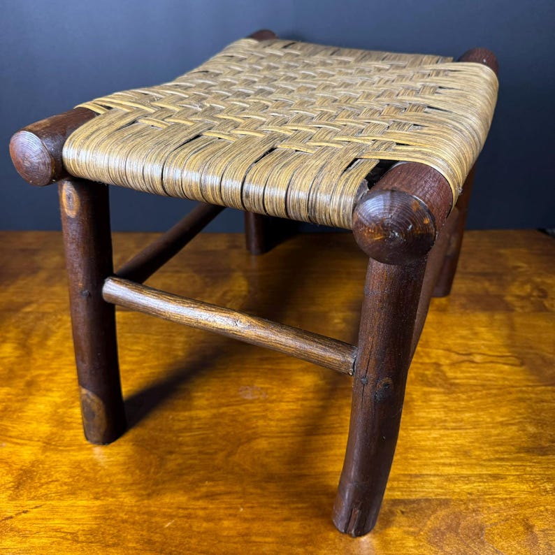 Vintage Rustic Woven Stool With Hickory Post and Rung Frame / Primitive ...