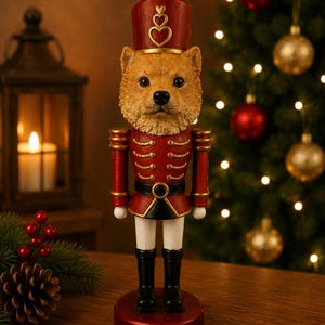 Può includere: Una statuetta schiaccianoci con la testa di un cane color marrone chiaro e orecchie a punta. La figura indossa un'uniforme rossa con finiture dorate, una cintura nera, pantaloni bianchi e stivali neri. Un cappello rosso con un cuore dorato sulla cima.