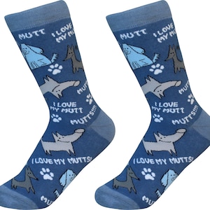 May include: A pair of blue socks with a dog print and the text "MUTT I LOVE MY MUTT" and "I LOVE MY MUTTS!" repeated on each sock.