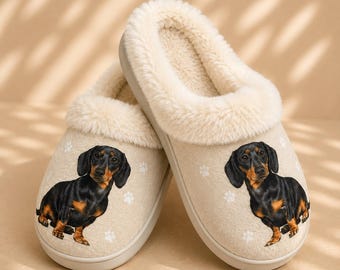 Dachshund, Black Slippers for Women | Cozy Pet Lover Gift | Plush Indoor House Shoes