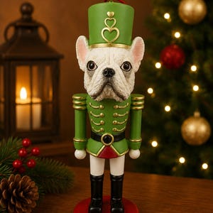 May include: A nutcracker figurine featuring a French Bulldog head with a white coat and dark eyes. The figure wears a green military-style jacket with gold trim, a matching green hat with gold heart accents, white trousers, and black boots on a red base.