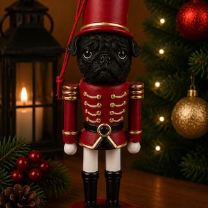 May include: A nutcracker ornament featuring a black pug head wearing a red military-style hat and uniform with gold trim, black belt, white trousers, and black boots, complete with a red hanging string attached to the top of the hat.