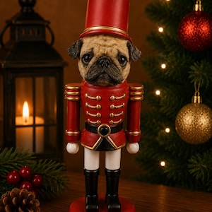 May include: A nutcracker figurine featuring a pug dog head atop a red, black, and gold uniform. The figure wears a tall red hat, a red jacket with gold buttons and rope detailing, white trousers, and black boots, all mounted on a round red base.