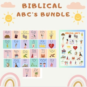 May include: A colorful chart with the alphabet, each letter paired with a biblical word and illustration. The chart is titled "Biblical ABC's Bundle".