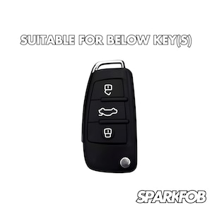 Puede incluir: Llavero de coche negro con tres botones. Los botones tienen s&iacute;mbolos para desbloquear, abrir el maletero y bloquear. El texto "SUITABLE FOR BELOW KEY(S)" est&aacute; encima del llavero.