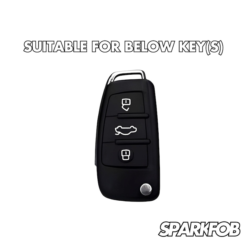 Puede incluir: Llavero de coche negro con tres botones. Los botones tienen s&iacute;mbolos para desbloquear, abrir el maletero y bloquear. El texto "SUITABLE FOR BELOW KEY(S)" est&aacute; encima del llavero.