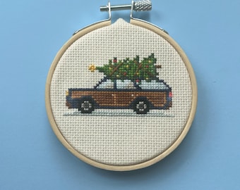 Vintage Station Wagon with Christmas Tree cross stitch chart | PDF instant download