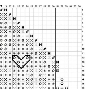 May include: Black and white cross stitch pattern with a heart shape in the center. The pattern includes various symbols, including stars, circles, and leaves.