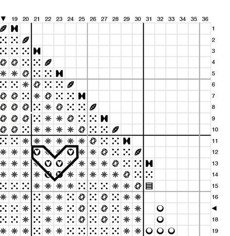 May include: Black and white cross stitch pattern with a heart shape in the center. The pattern includes various symbols, including stars, circles, and leaves.