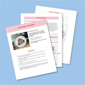 May include: A close-up of a cross-stitch pattern for a gingerbread house ornament. The pattern is printed on a white sheet of paper with instructions for stitching. The title of the pattern is "The Gingerbread House".