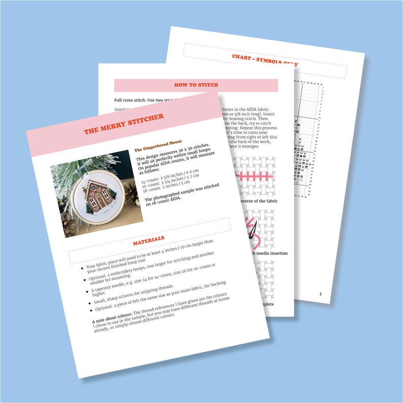 May include: A close-up of a cross-stitch pattern for a gingerbread house ornament. The pattern is printed on a white sheet of paper with instructions for stitching. The title of the pattern is "The Gingerbread House".