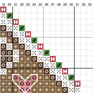 May include: A cross-stitch pattern with a heart shape in the center. The heart is made of brown, pink, and white thread. The background is a grid of brown, black, and white squares. The pattern includes symbols like a butterfly, a leaf, and a circle.