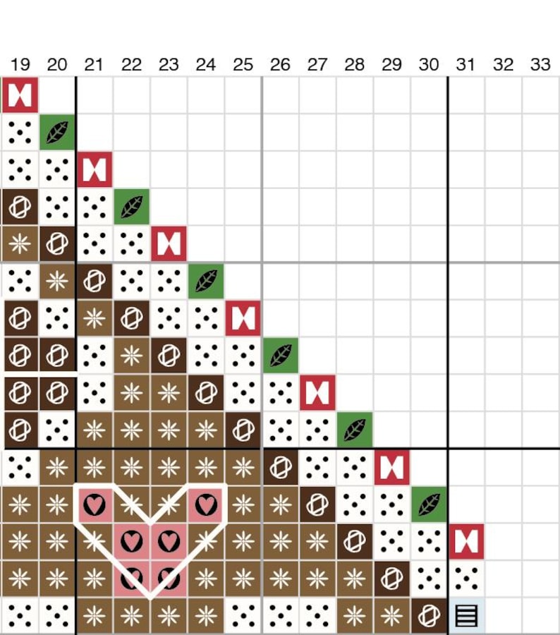 May include: A cross-stitch pattern with a heart shape in the center. The heart is made of brown, pink, and white thread. The background is a grid of brown, black, and white squares. The pattern includes symbols like a butterfly, a leaf, and a circle.