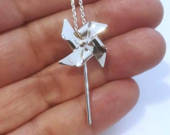 Large Pinwheel Necklace, Sterling Silver Spinning Pendant, Whimsical Kinetic Jewelry