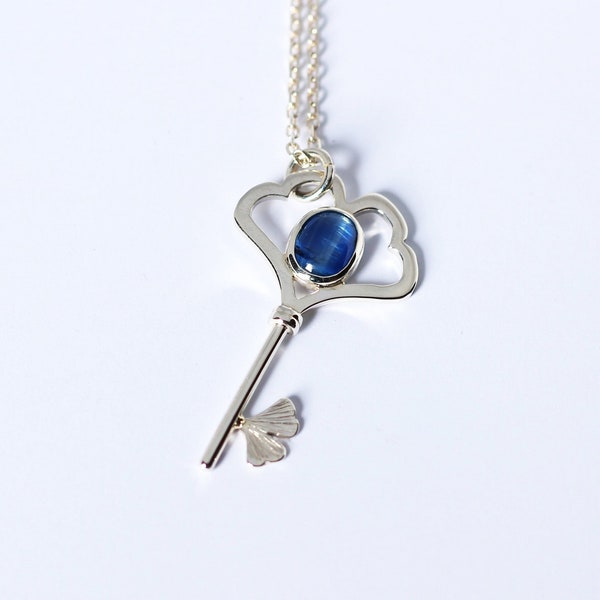 LIMITED EDITION - sterling silver key charm with kyanite - necklace inspired by ginkgo biloba leaves - Calcagnini Gioielli