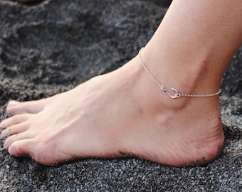 Sterling Silver Sporty Fishhook adjustable Anklet with heart or custom made monogrammed charm Fish Hook