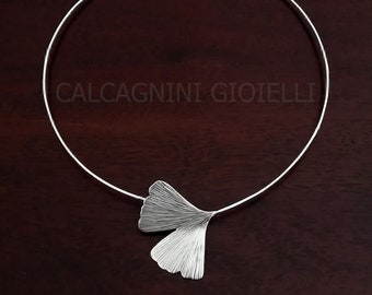 GINKGO - Sterling silver choker necklace - large ginko biloba leaf