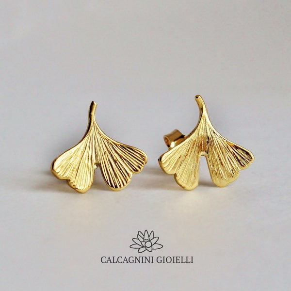 GINKGO - 18 Kt yellow gold lobe earrings with ginkgo biloba leaves - Calcagnini Gioielli Design - made in Italy - ginko