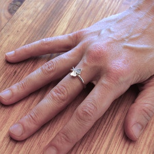Könnte beinhalten: Ein silberner Ring mit einem zarten, fächerförmigen Design. Der Ring wird an einem Finger getragen und unterstreicht seine minimalistische Ästhetik. Das Design des Rings ist eine kleine, stilisierte Darstellung eines Fächers oder Blattes.