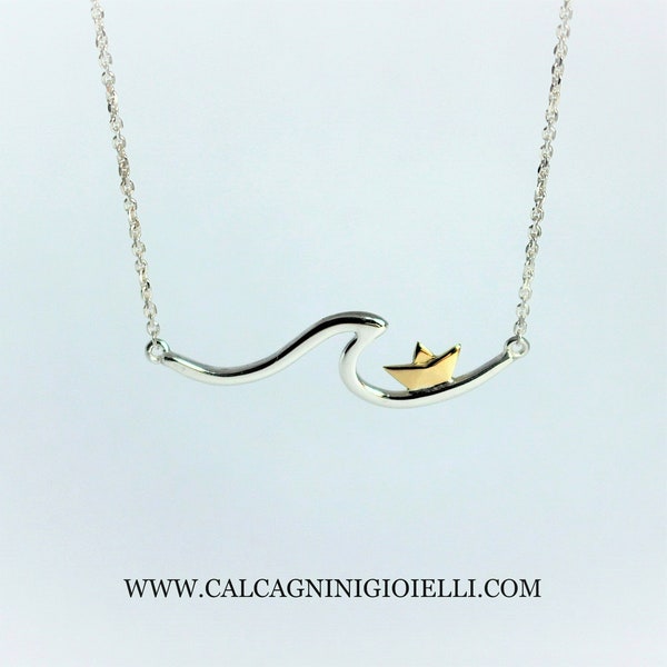 ROGUE WAVE - necklace with wave in sterling silver and paper boat in 18 Kt yellow gold - Calcagnini Gioielli