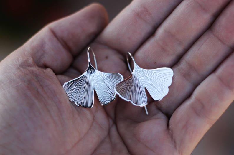 GINKGO sterling silver ginkgo earrings hand engraved ginkgo biloba leaves ginko image 3