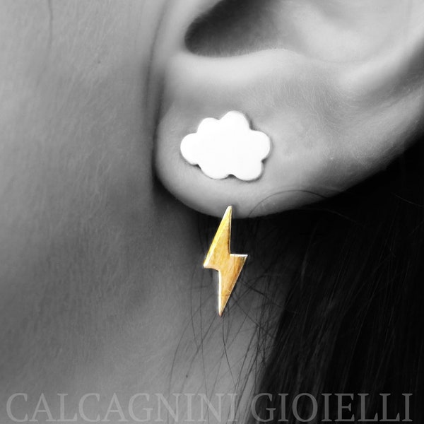 Sweet Clouds - cloud earrings with thunderbolt and raindrop - sterling silver and 18 Kt gold jewelry - ear jackets